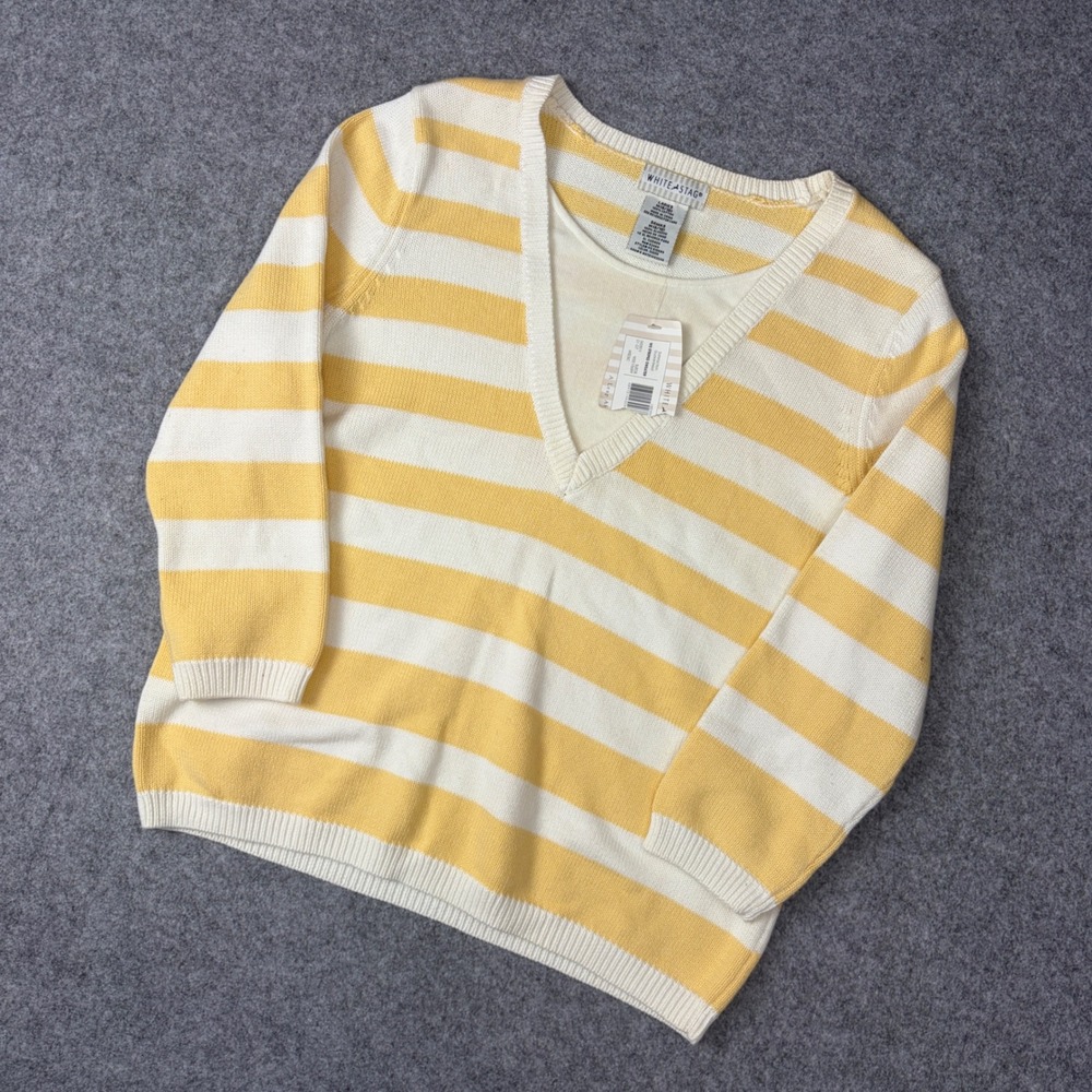 White Stag Womens Yellow White Striped V-Neck Cotton Sweater NWT WS515689 Size M